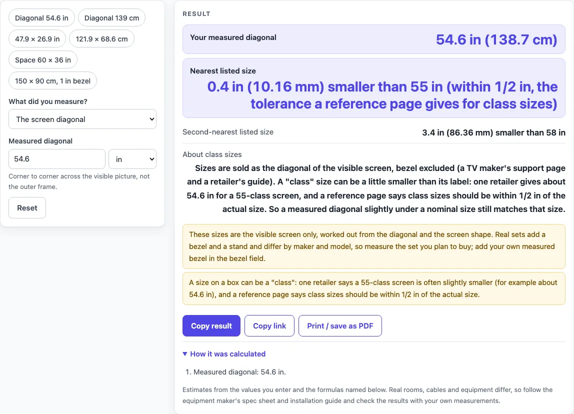 How to measure tv size example