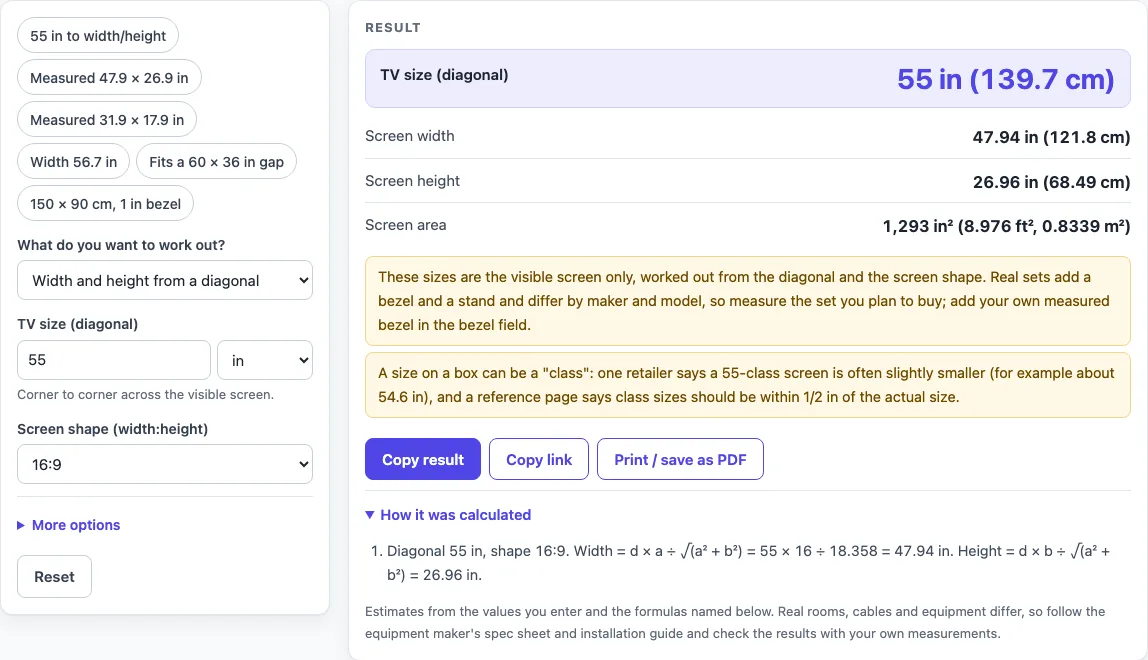 Tv size calculator example